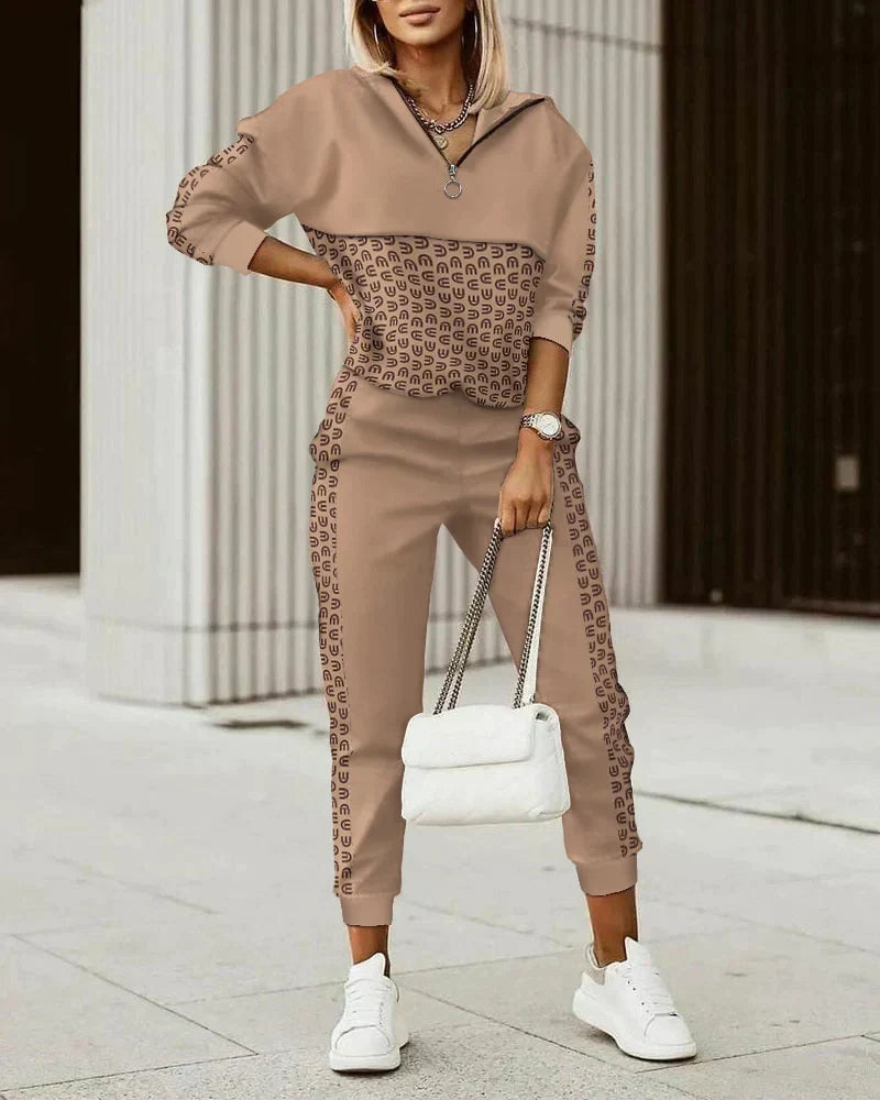 Women's hooded patterned hoodie and jogger set with tapered ankle cuffs