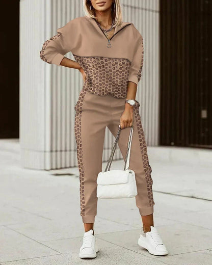 Women's hooded patterned hoodie and jogger set with tapered ankle cuffs