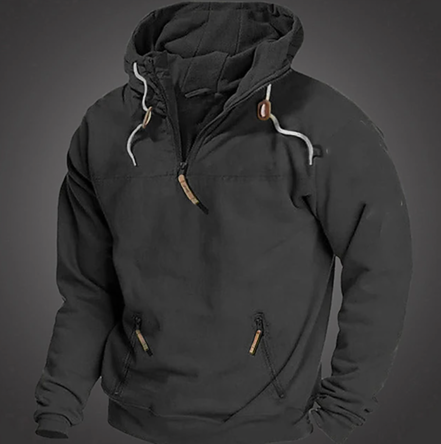 Men's quarter-zip hoodie with drawstring hood and front pocket