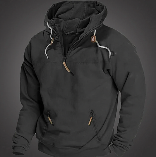 Men's quarter-zip hoodie with drawstring hood and front pocket