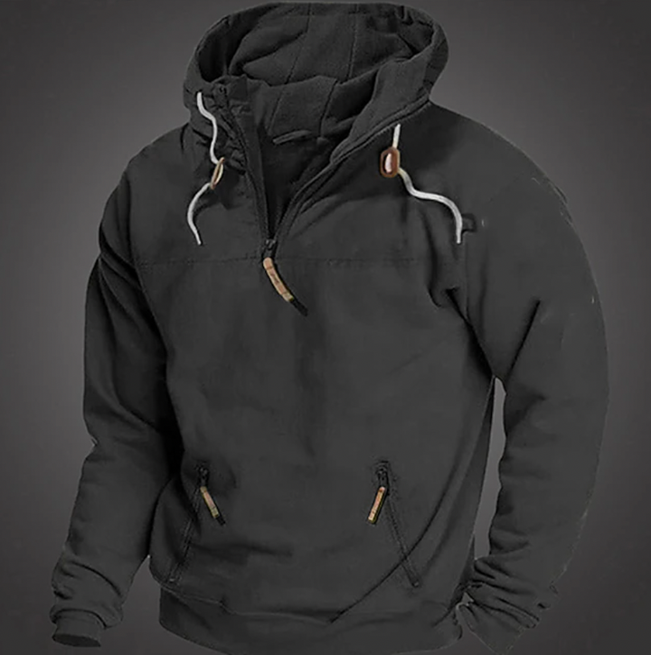 Men's quarter-zip hoodie with drawstring hood and front pocket