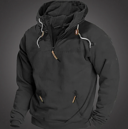 Men's quarter zip hoodie with drawstring hood and front pockets