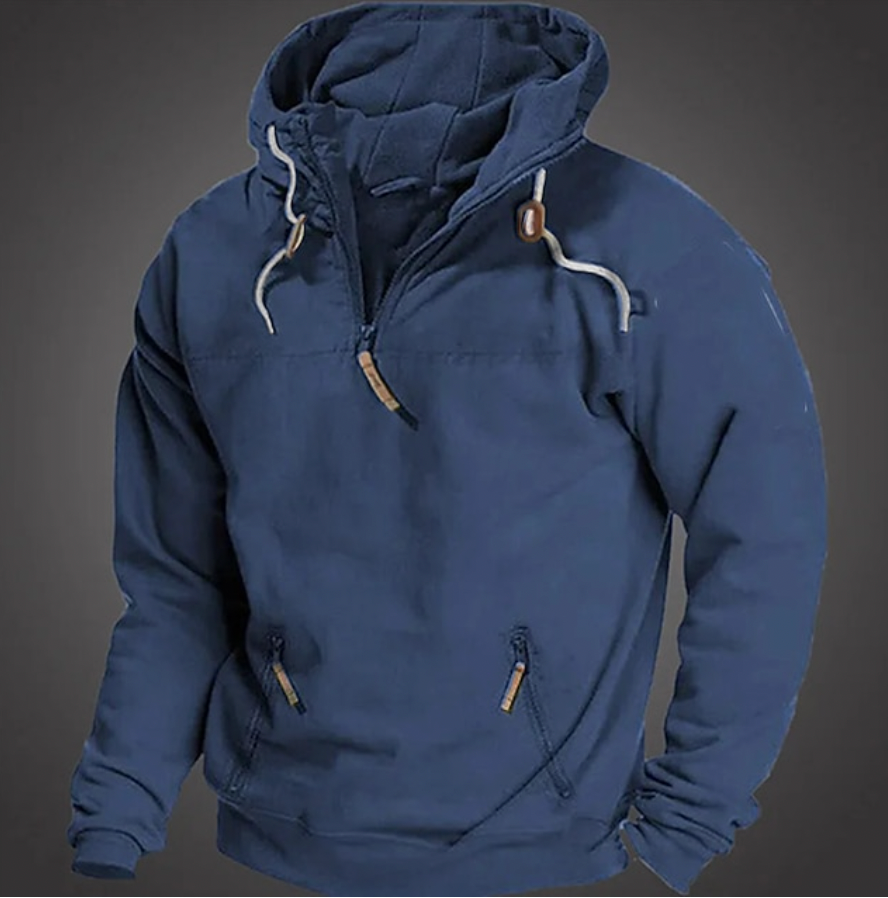 Men's quarter-zip hoodie with drawstring hood and front pocket