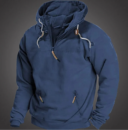 Men's quarter-zip hoodie with drawstring hood and front pocket