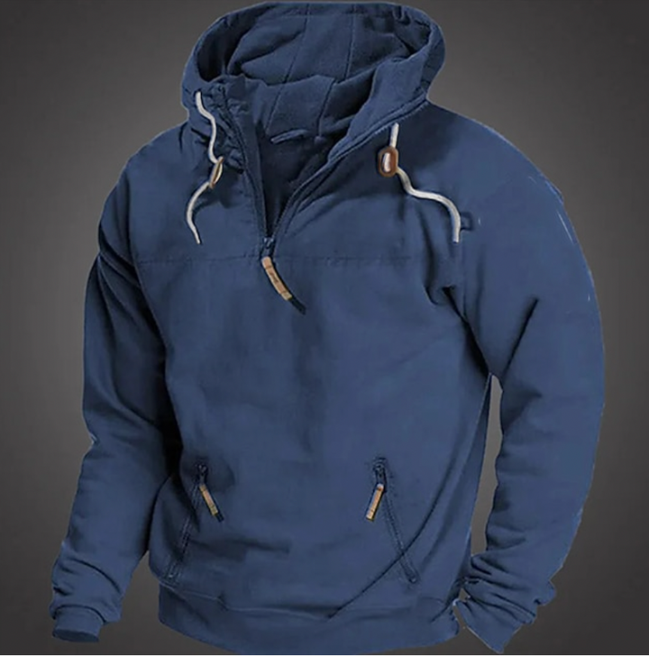 Men's quarter zip hoodie with drawstring hood and front pockets