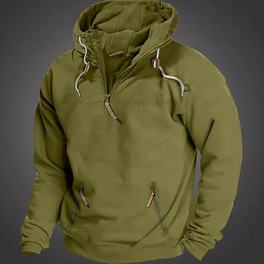 Men's quarter-zip hoodie with drawstring hood and front pocket