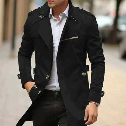 Men's long double-breasted trench coat with shoulder epaulettes and zip chest pocket