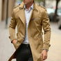 Men's long double-breasted trench coat with shoulder epaulettes and zip chest pocket