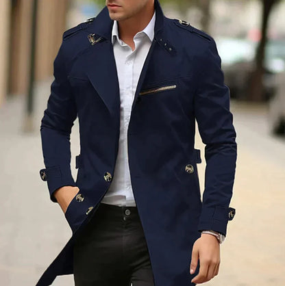 Men's long double-breasted trench coat with shoulder epaulettes and zip chest pocket
