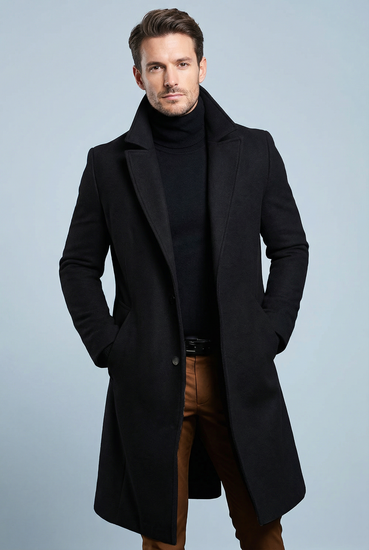 Men's structured long coat with notched lapels and button fastening