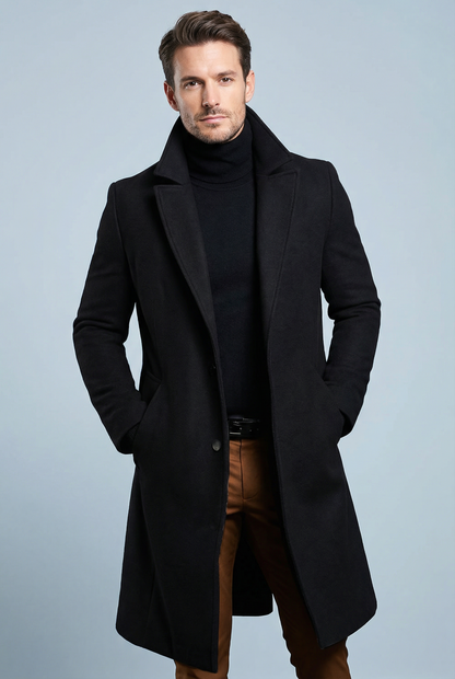 Men's structured long coat with notched lapels and button fastening