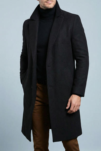 Men's structured long coat with notched lapels and button fastening