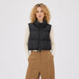 Women's cropped quilted puffer vest with high collar and zip front