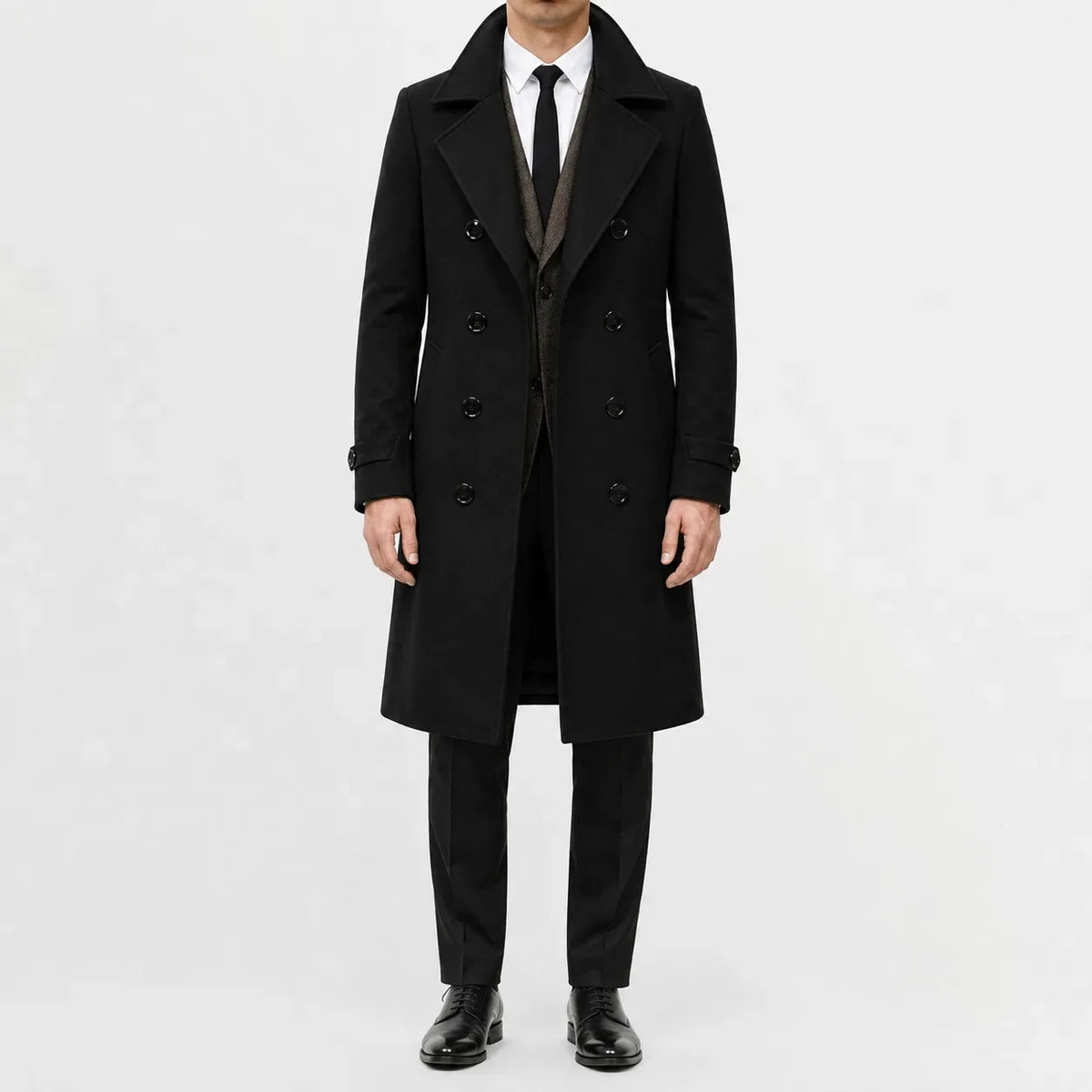 Men's long double-breasted trench coat with notched lapels and buttoned cuffs