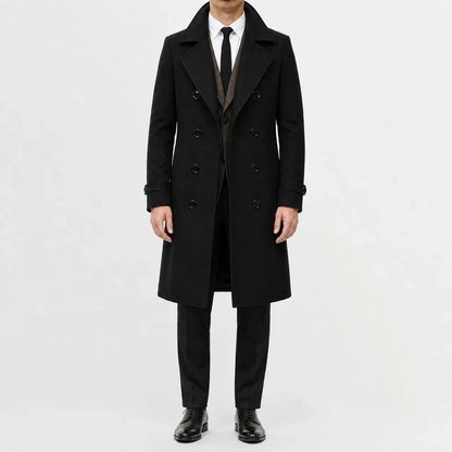 Men's long double-breasted trench coat with notched lapels and buttoned cuffs