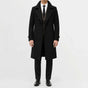 Men's long double-breasted trench coat with notched lapels and buttoned cuffs