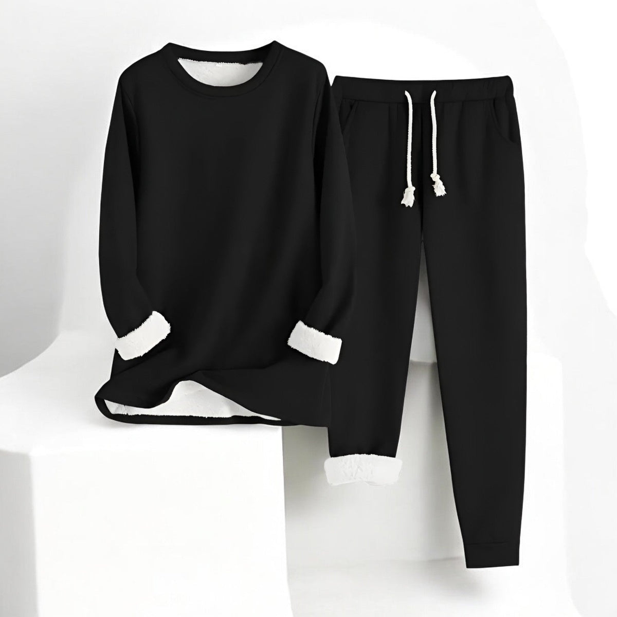 Long-sleeve crew neck sweatshirt and matching drawstring joggers with cuffed hems