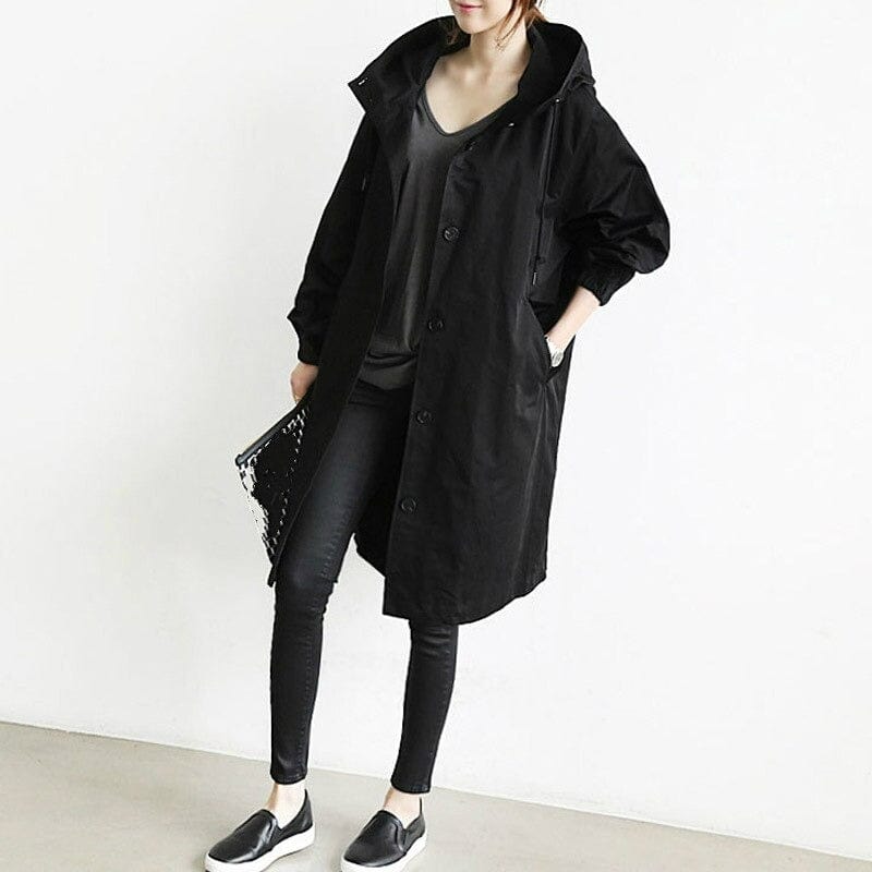 Women's long hooded raincoat with button front and patch pockets