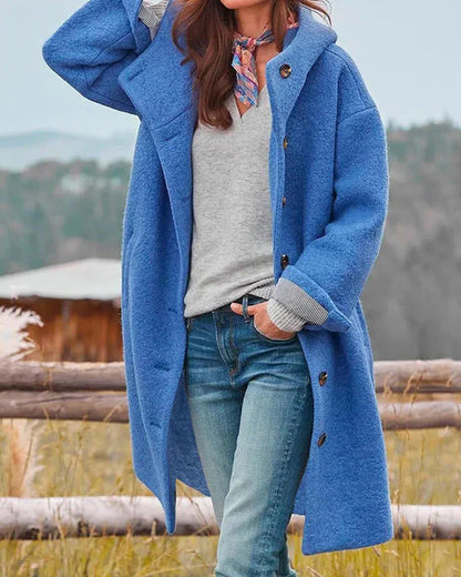 Women's long hooded button-front coat with textured finish