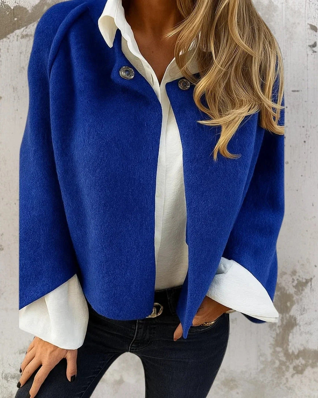 Women's cropped button-front jacket with stand collar and long sleeves