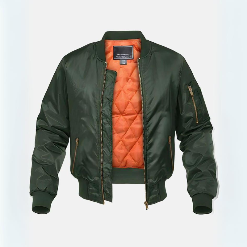 Men's quilted bomber jacket with zip front, stand collar and multiple zipped pockets
