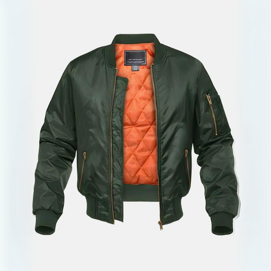 Men's quilted bomber jacket with zip front, stand collar and multiple zipped pockets