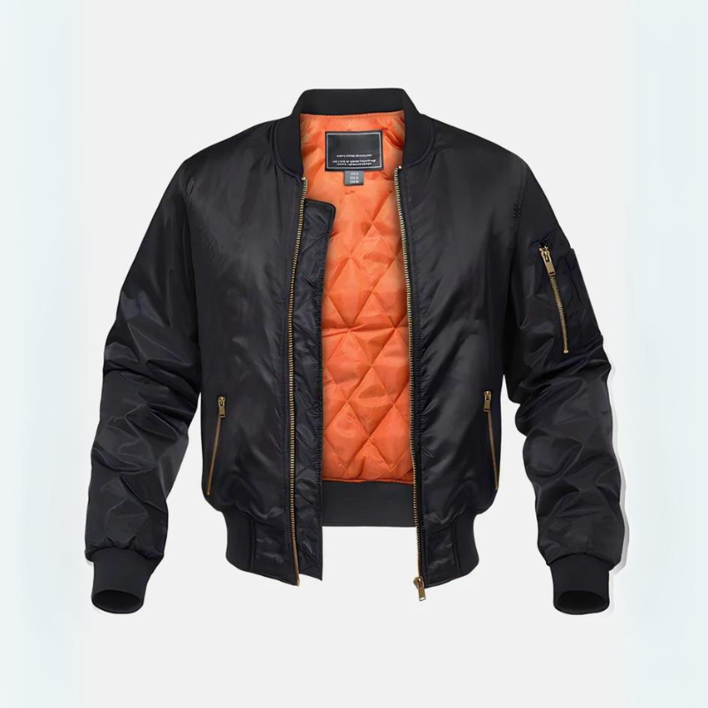 Men's quilted bomber jacket with zip front, stand collar and multiple zipped pockets