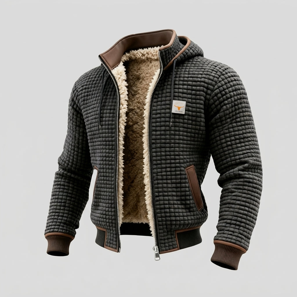 Men's quilted hooded jacket with teddy lining, zip front and ribbed trims