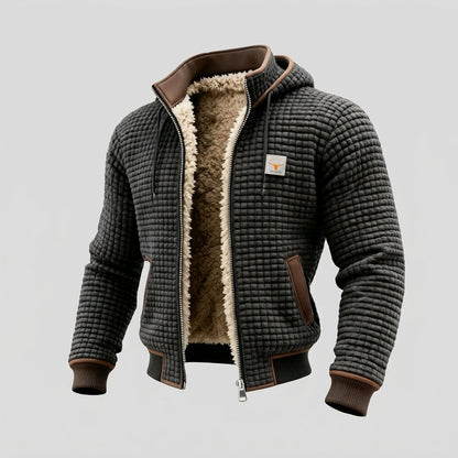 Men's quilted hooded jacket with teddy lining, zip front and ribbed trims