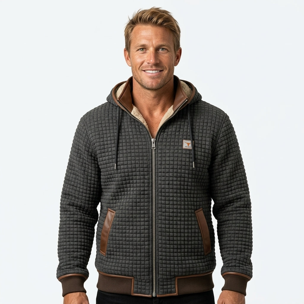 Men's quilted hooded jacket with teddy lining, zip front and ribbed trims