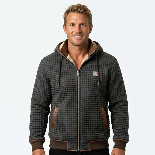 Men's quilted hooded jacket with teddy lining, zip front and ribbed trims