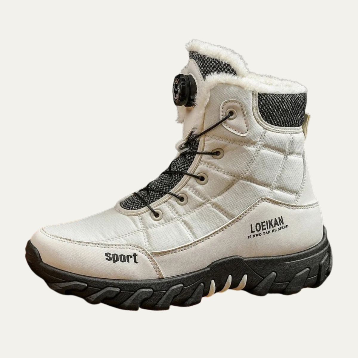 Men's mid-cut snow boots with fur-trimmed collar, lace-up front and rugged treaded sole