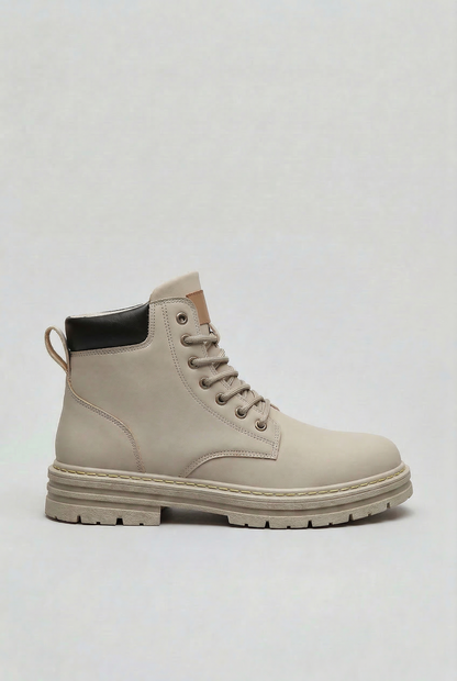 Men's lace-up ankle boot with chunky lug sole, round toe and rear pull tab