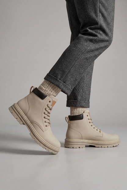 Men's lace-up ankle boot with chunky lug sole, round toe and rear pull tab