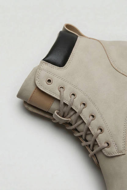 Men's lace-up ankle boot with chunky lug sole, round toe and rear pull tab
