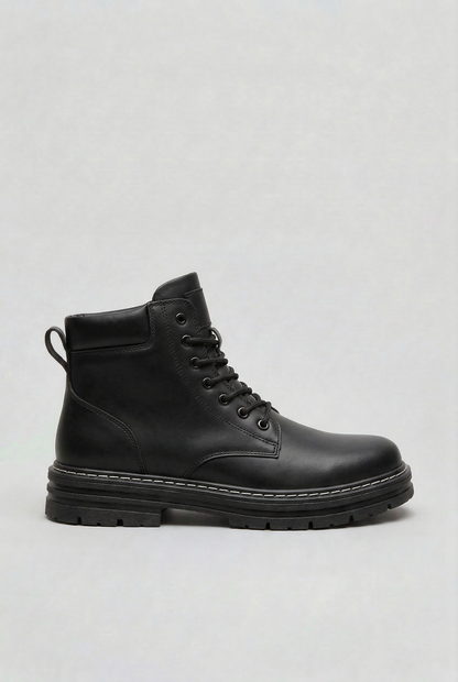 Men's lace-up ankle boot with chunky lug sole, round toe and rear pull tab