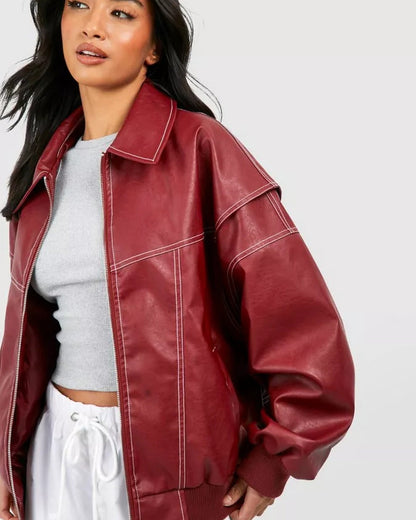 Women's burgundy oversized bomber jacket with zip front and contrast stitching
