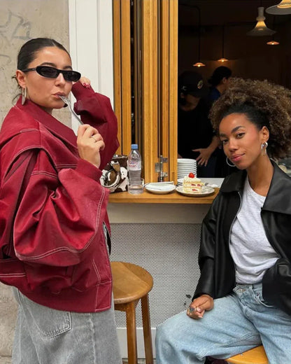 Women's burgundy oversized bomber jacket with zip front and contrast stitching