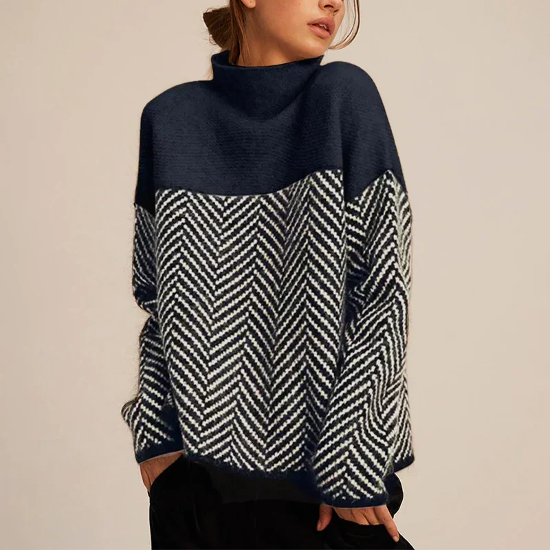 Women's herringbone turtleneck sweater with long sleeves