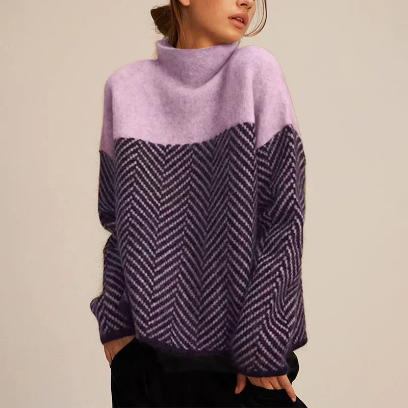 Women's herringbone turtleneck sweater with long sleeves