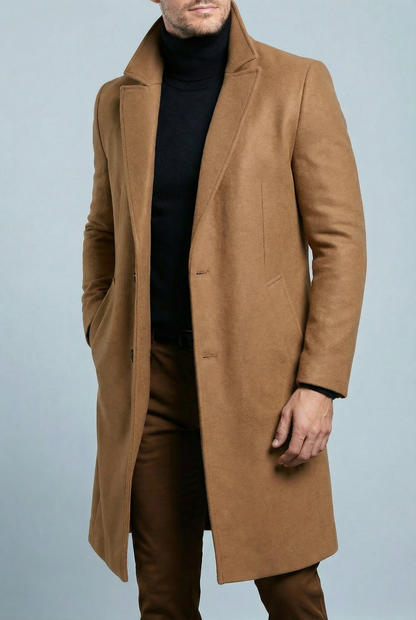 Men's structured long coat with notched lapels and button fastening