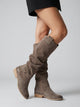 Women's knee-high boots with ruched shafts, side zips and low block heels