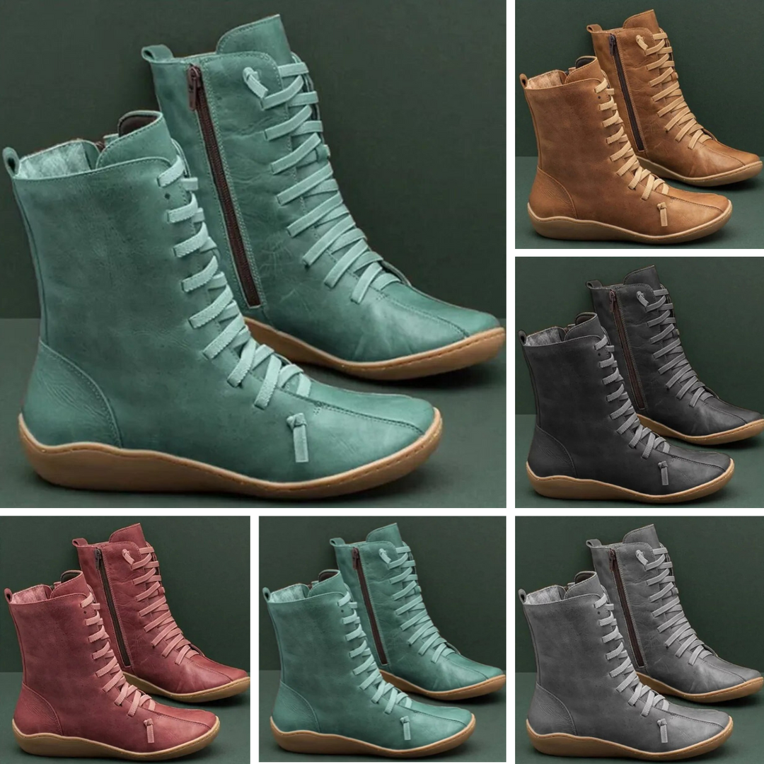 Unisex lace-up ankle boots with side zipper and round toes