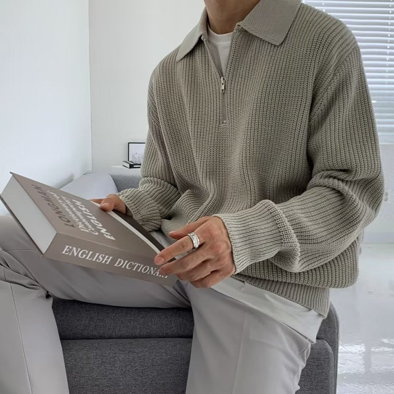 Men's ribbed quarter-zip sweater with pointed collar and long sleeves