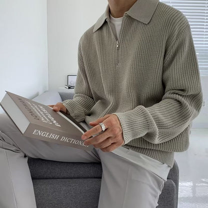 Men's ribbed quarter-zip sweater with pointed collar and long sleeves
