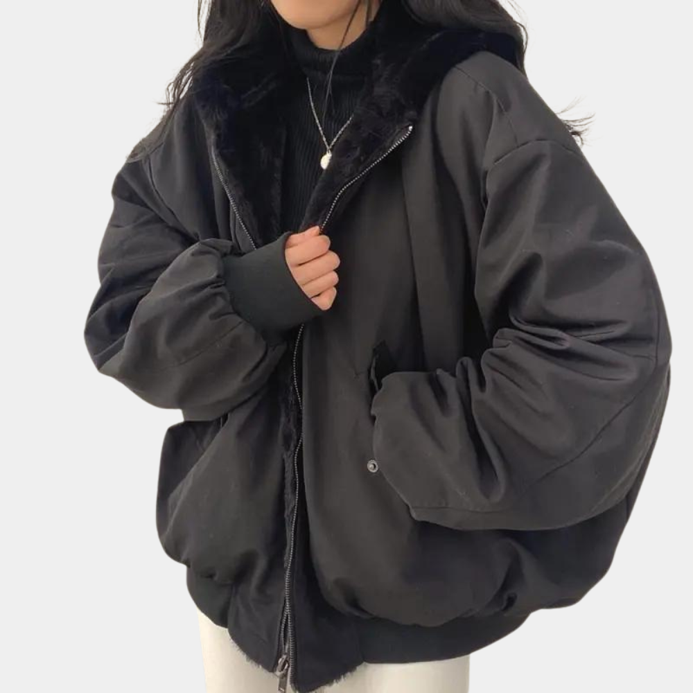 Women's hooded bomber jacket with fur-style lining, zip front and ribbed trims