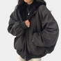 Women's hooded bomber jacket with fur-style lining, zip front and ribbed trims
