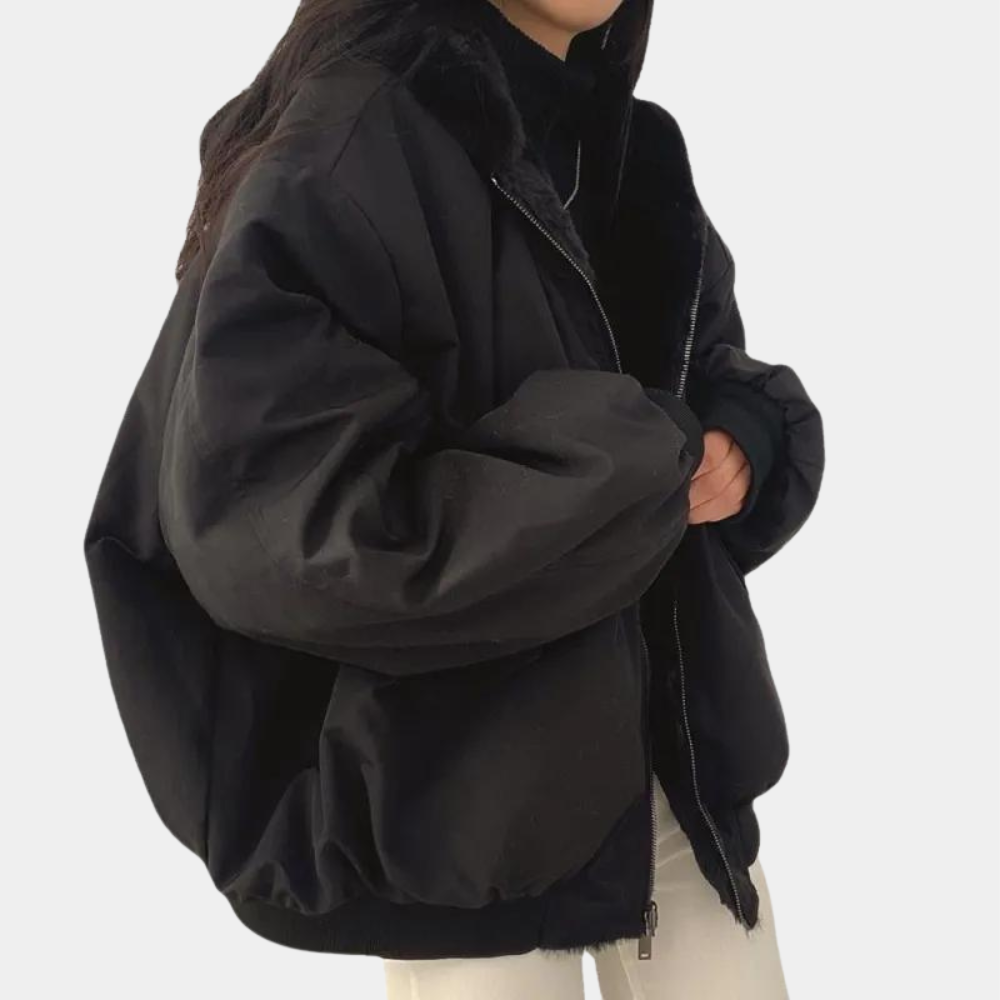 Women's hooded bomber jacket with fur-style lining, zip front and ribbed trims