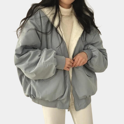 Women's hooded bomber jacket with fur-style lining, zip front and ribbed trims