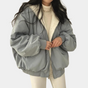 Women's hooded bomber jacket with fur-style lining, zip front and ribbed trims